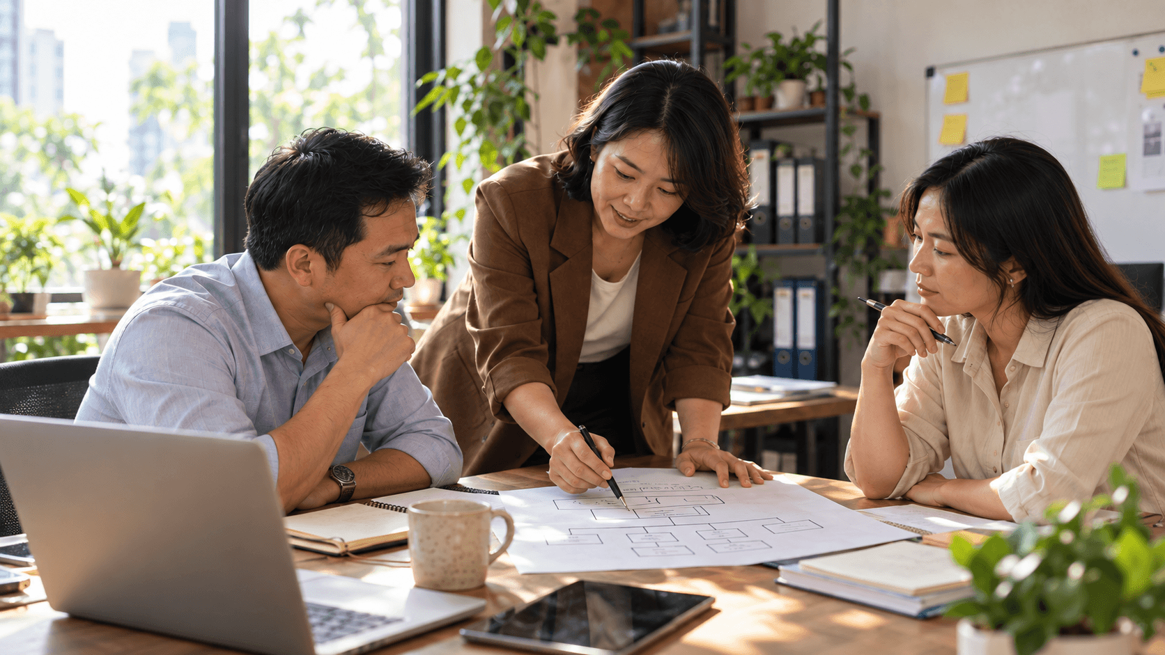Ảnh minh họa: ba người trao đổi sơ đồ tổ chức trong văn phòng